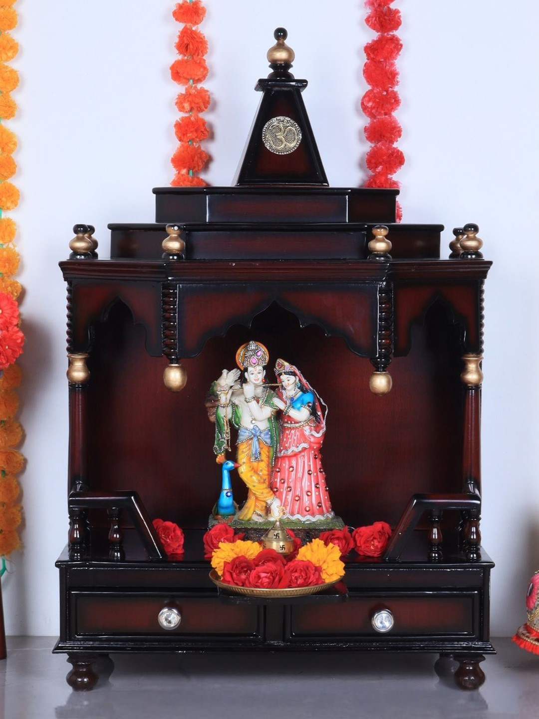 DZYN Furnitures Brahma Shray Brown Wooden Floor Rested Pooja Temple Without Door