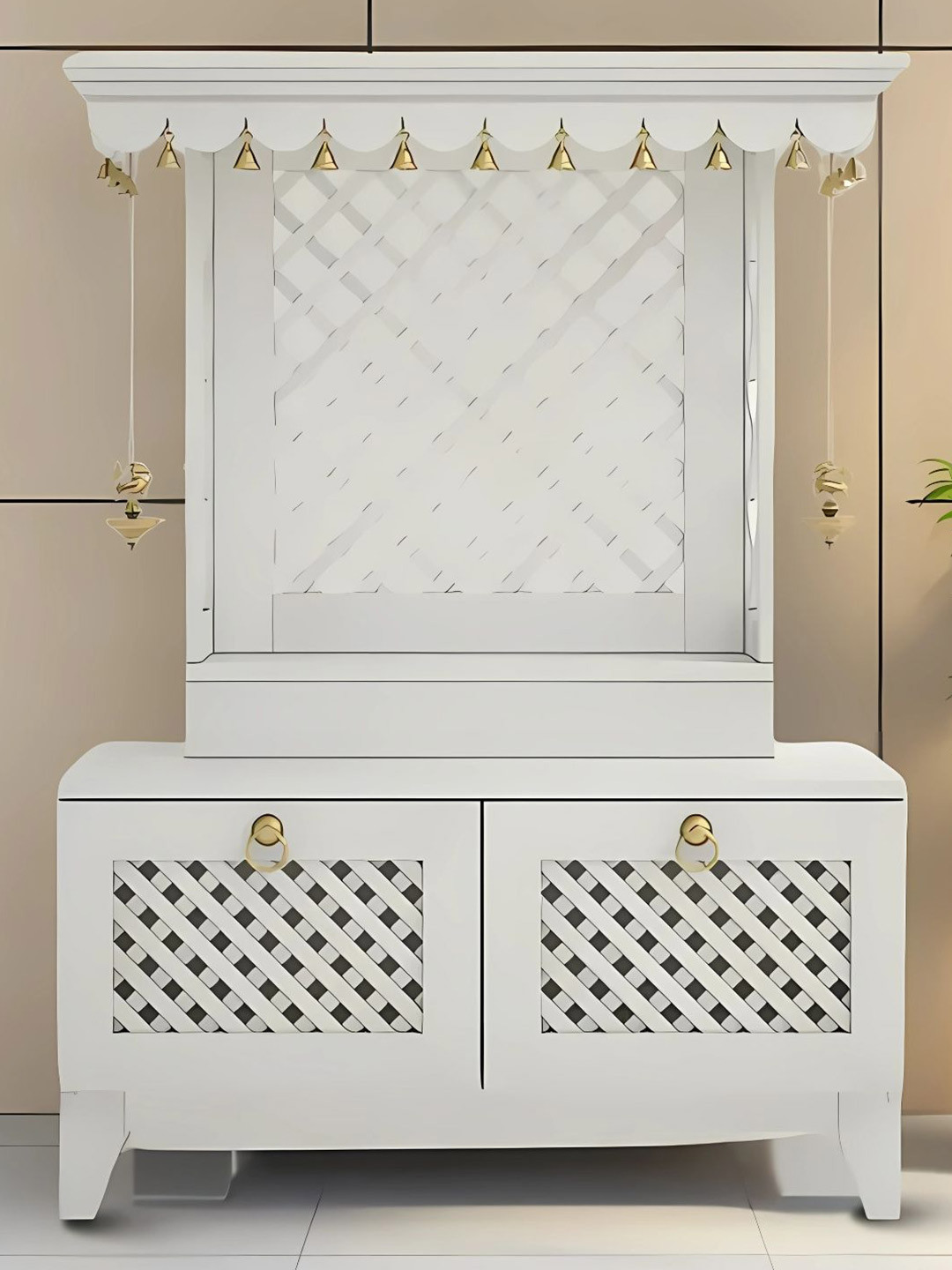 DZYN Furnitures Pravaha White Wooden Floor Pooja Temple