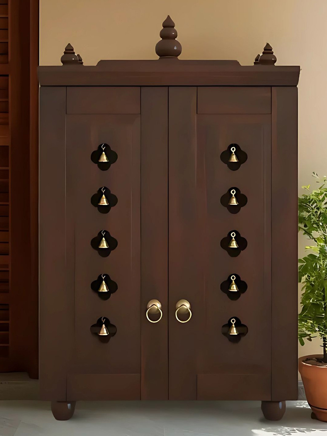 DZYN Furnitures Divyana Brown Wooden Floor Pooja Temple With Door