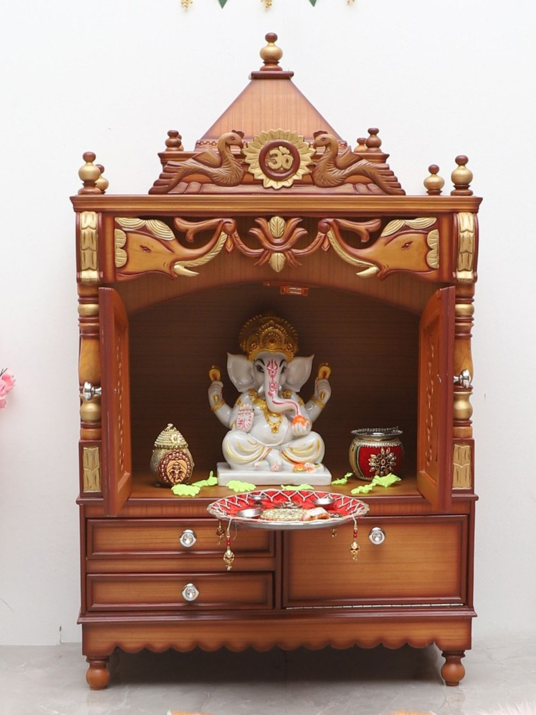 DZYN Furnitures Divya Darshan Brown Wooden Floor Rested Pooja Temple With Door