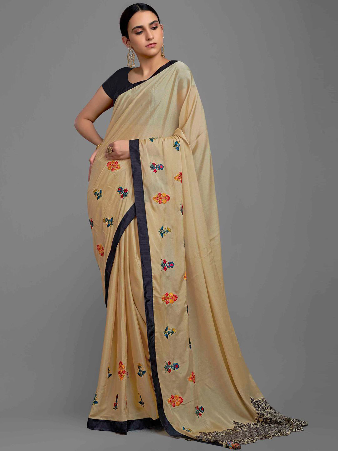 DIVASTRI Floral Embroidered Satin Biege Saree