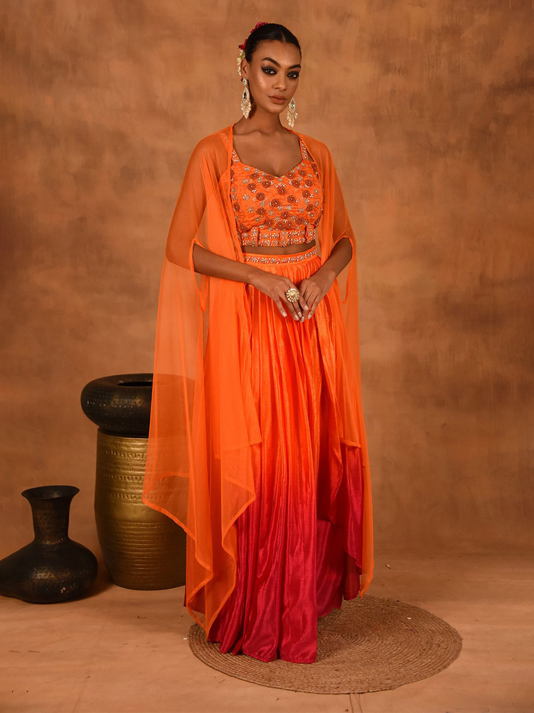 Laalzari Orange Ombre Skirt With Crop Top & Cape Co-Ords