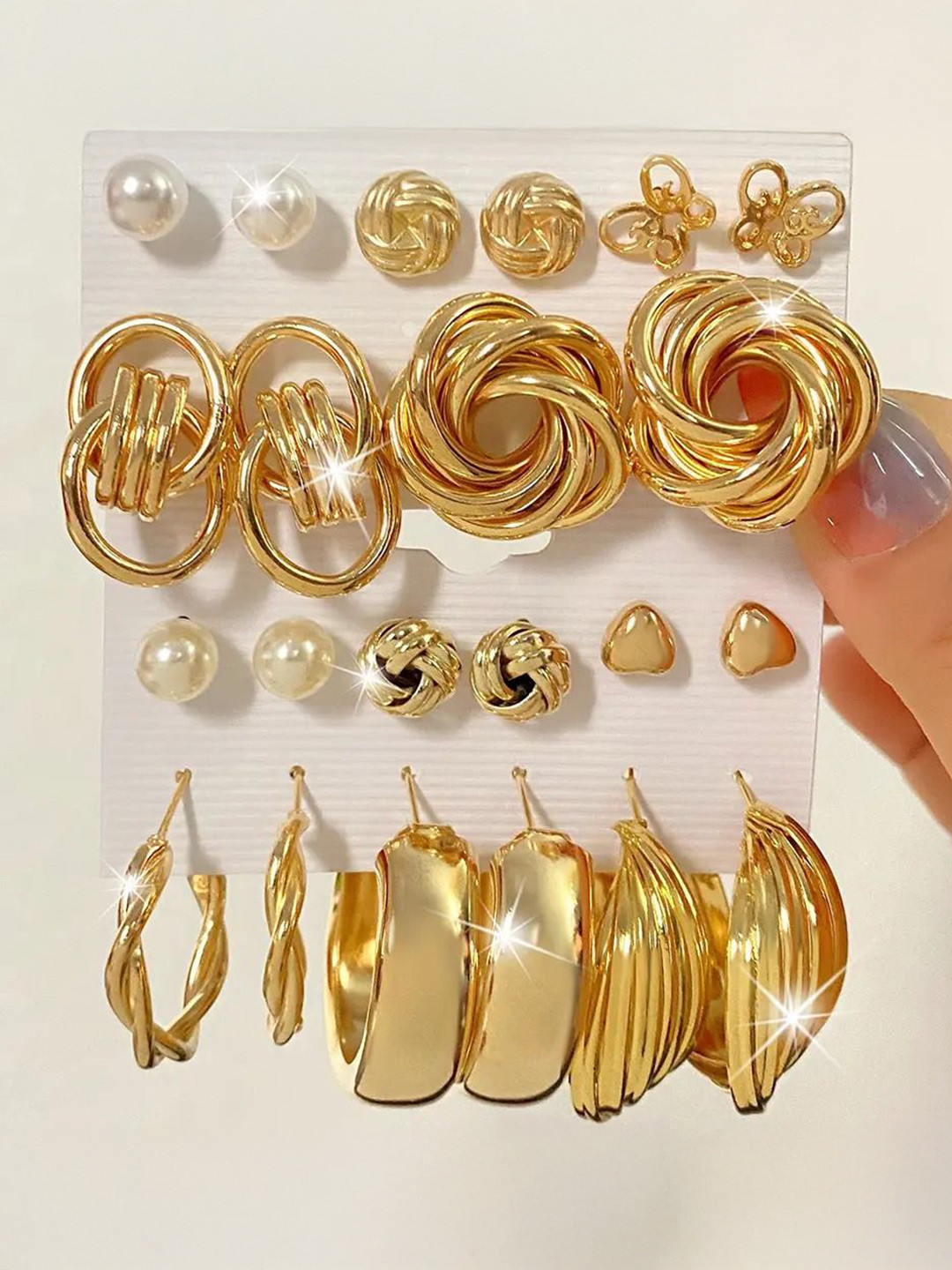 MEENAZ Set Of 11 Gold-Plated Pearls Beaded Circular Shaped Studs