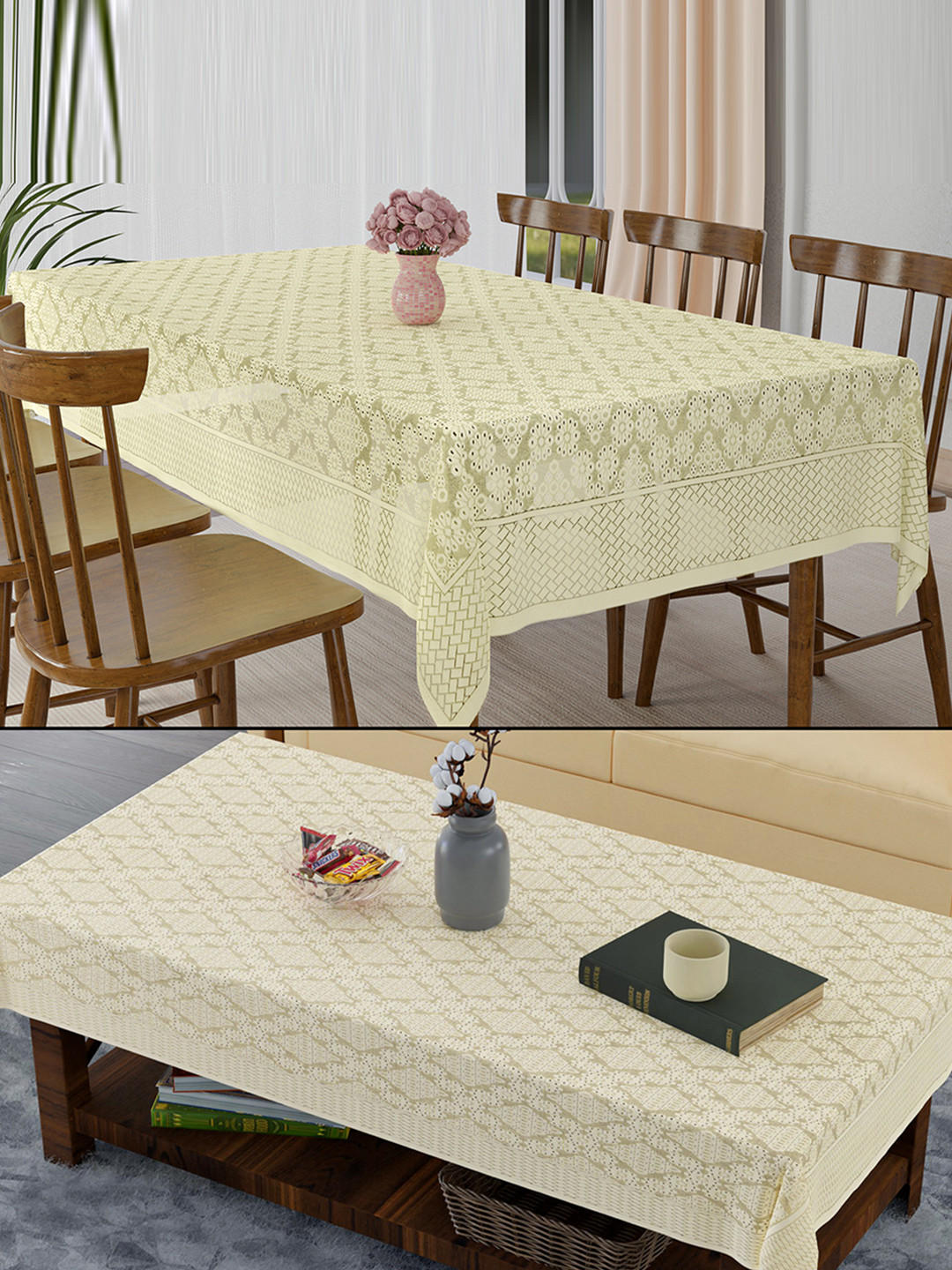 Kuber Industries Cream-Coloured 2 Pieces Printed Cotton Dining Cover & Center Table Cover