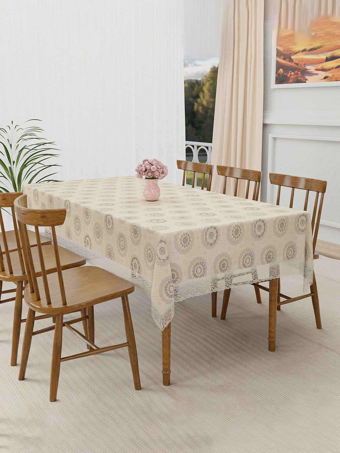 Kuber Industries Cream-Coloured & Grey Ethnic Motifs Printed 6-Seater Table Cover