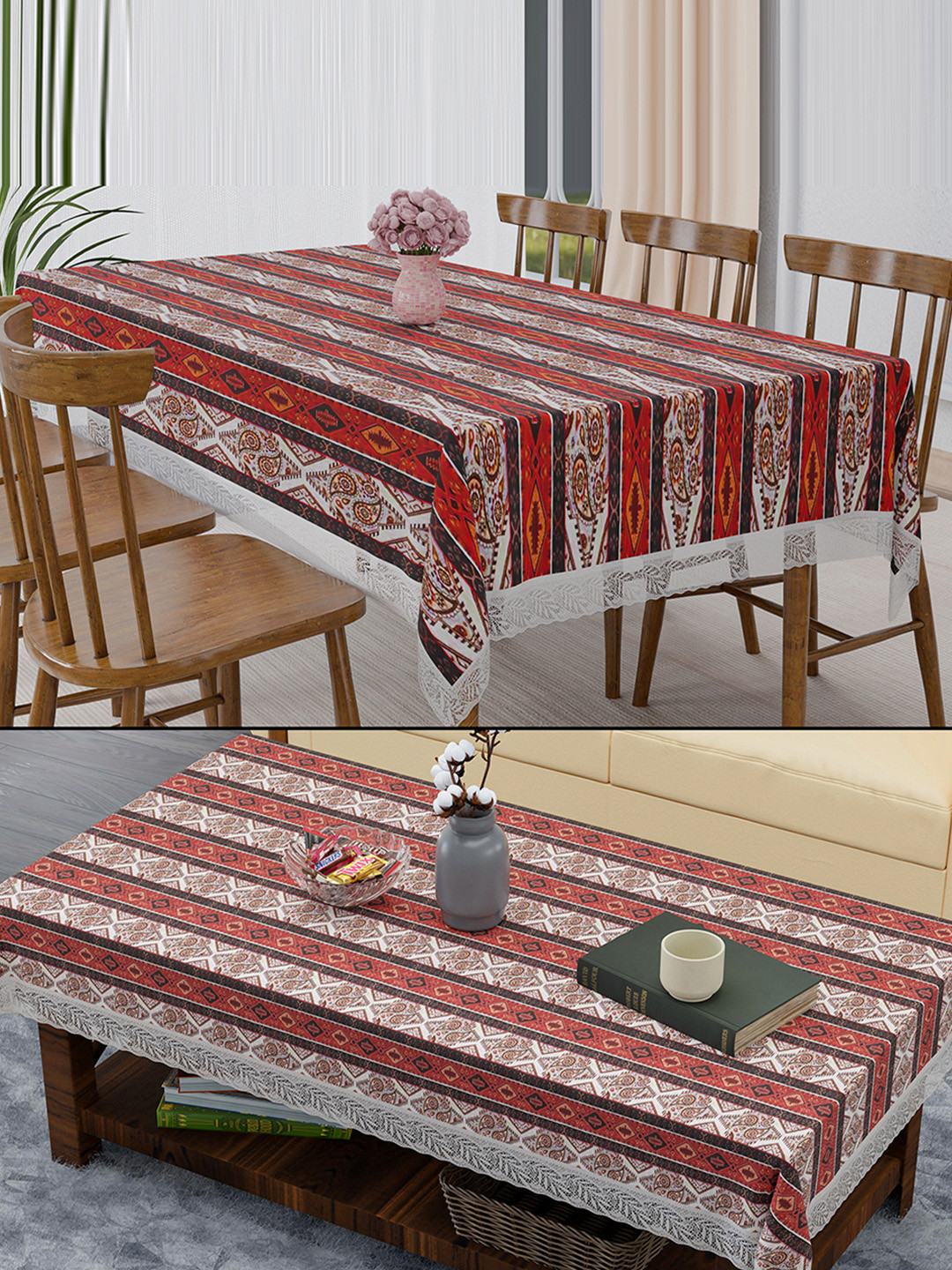 Kuber Industries Brown 2 Pieces Printed 6 Seater Dining Table Cover & Center Table Cover