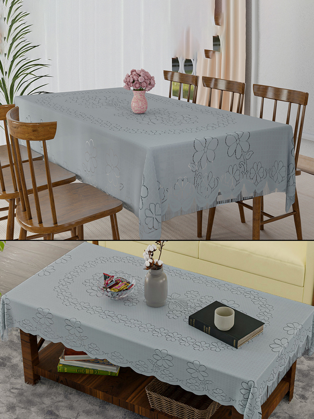 Kuber Industries Grey 2 Pieces Printed Cotton Dining Table Cover & Center Table Cover