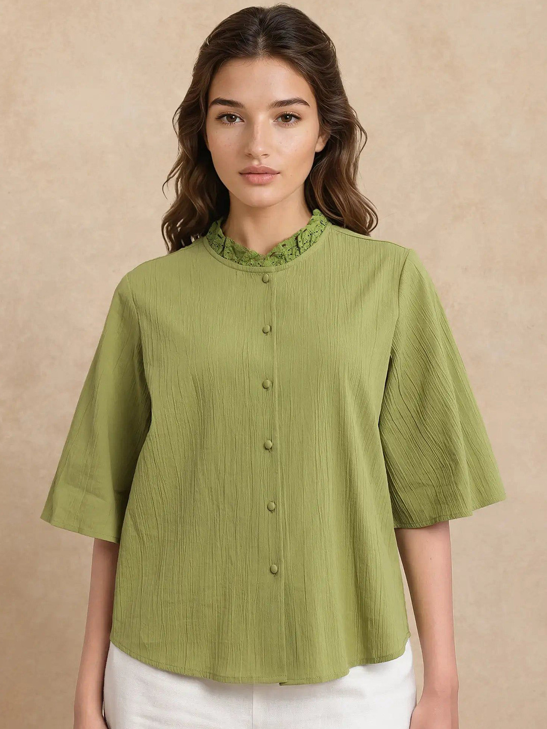 RAREISM RONELPA Solid Mandarin Collar Cotton Top