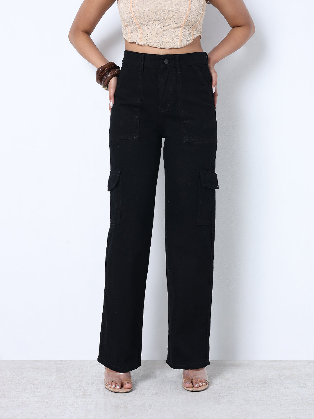 ZUYA Women Black Denim Straight Fit High-Rise Non Stretchable Cargo Styles Jeans