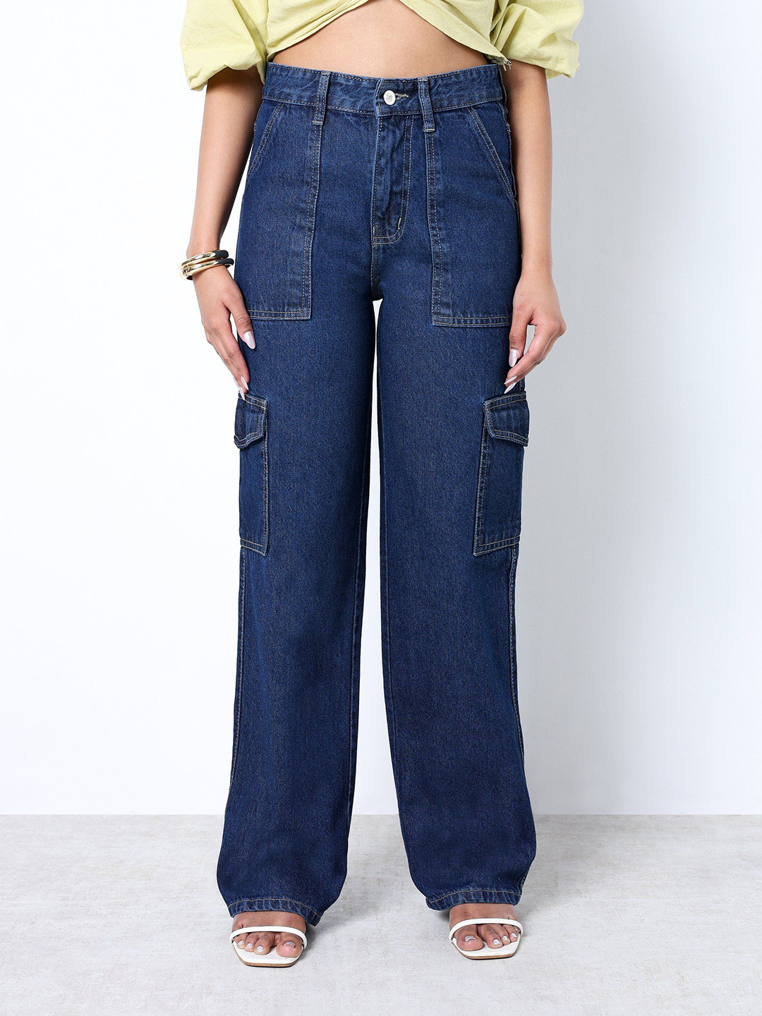 ZUYA Women Non Stretch Straight Fit Denim Caego Jeans Dark  Blue Colour