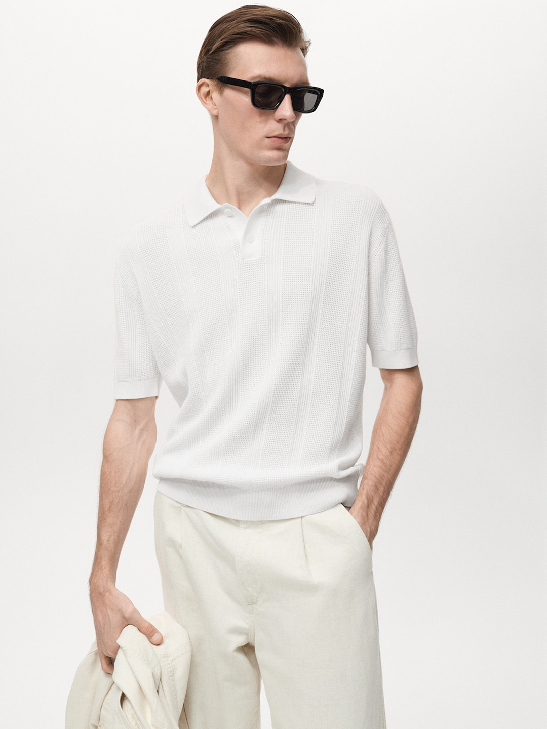 MANGO MAN Striped Open Work Knit Polo T-shirt