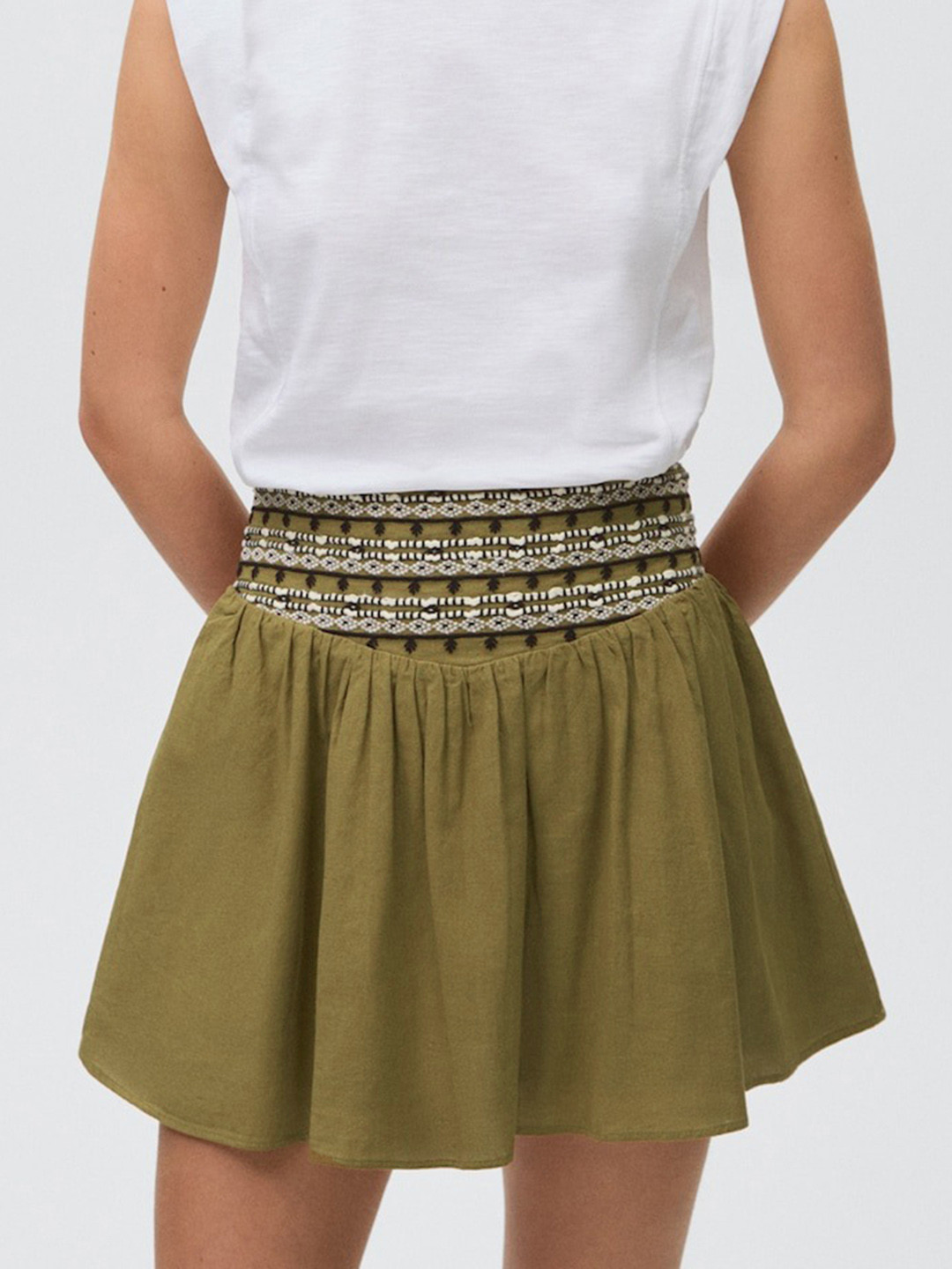 MANGO Cotton Linen Embroidered Waistband Mini Skirt