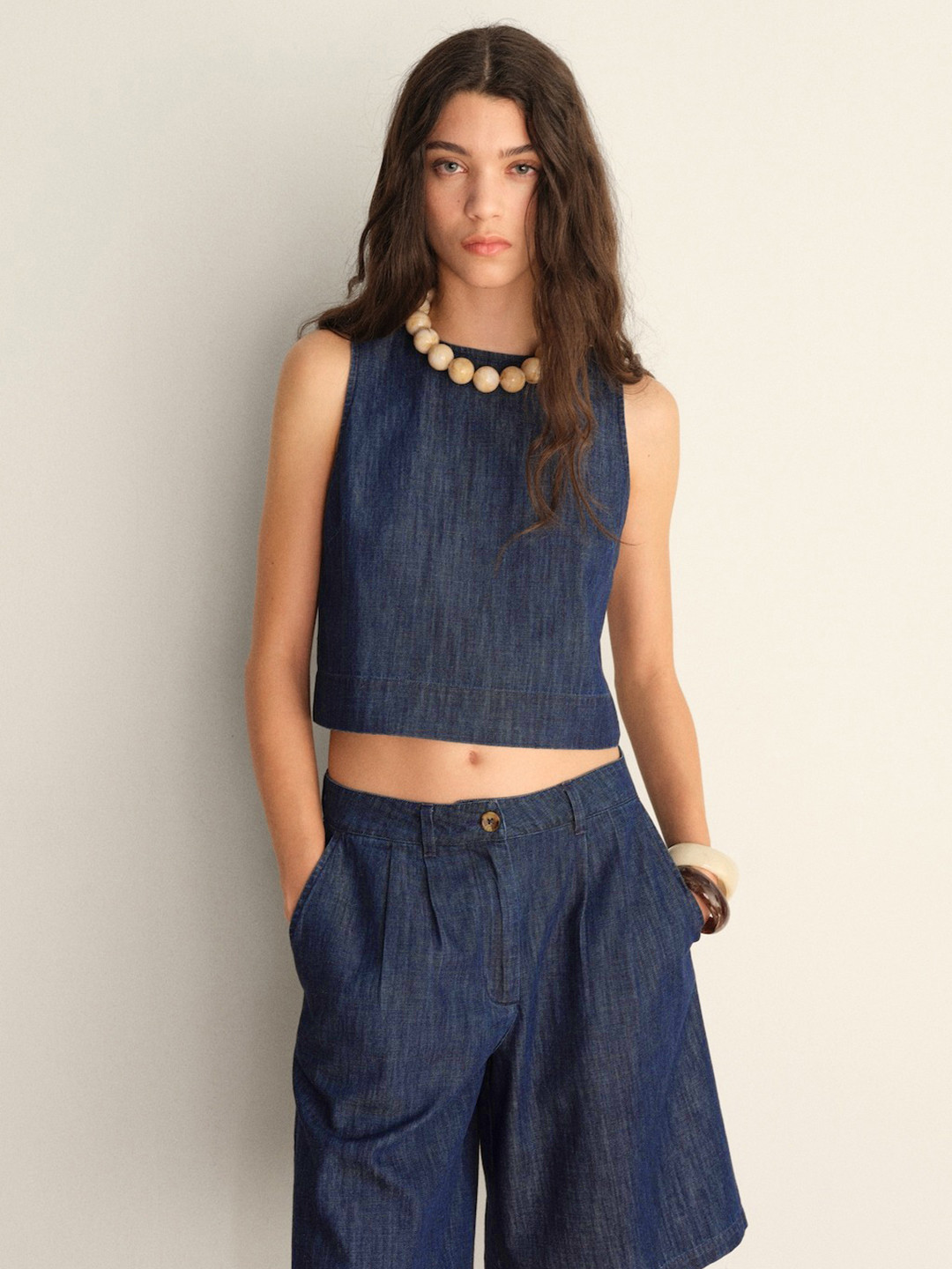 MANGO Pure Cotton Denim Solid Crop Top