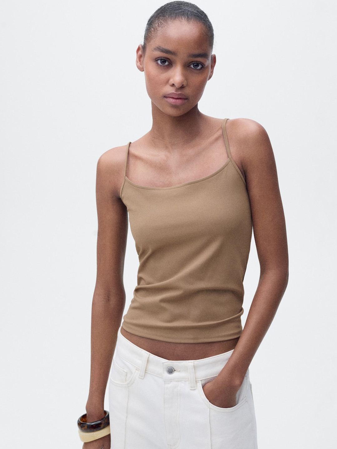 MANGO Solid Crop Cami Top with Scoop Neck