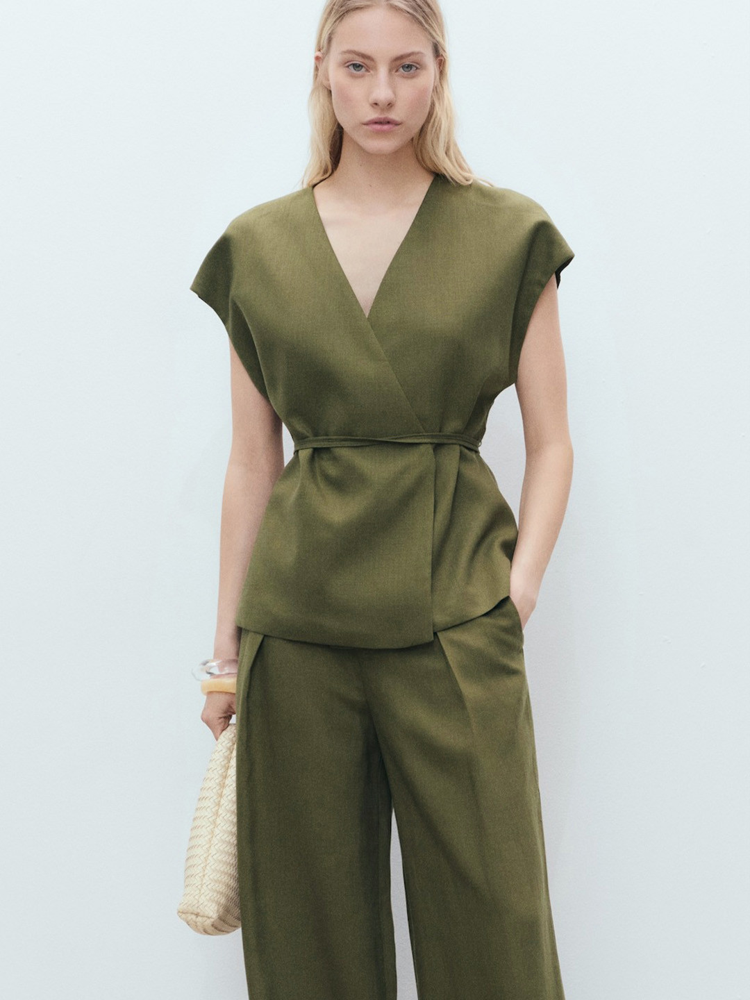 MANGO Extended Sleeves Waist Tie-Up Wrap Top