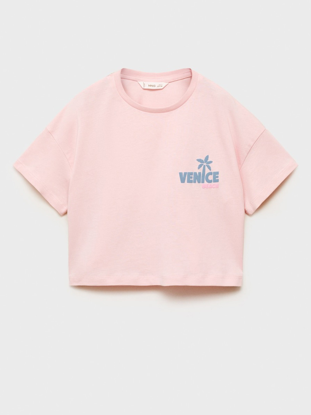 Mango Kids Girls Printed Drop-Shoulder Sleeves Pure Cotton Crop T-shirt