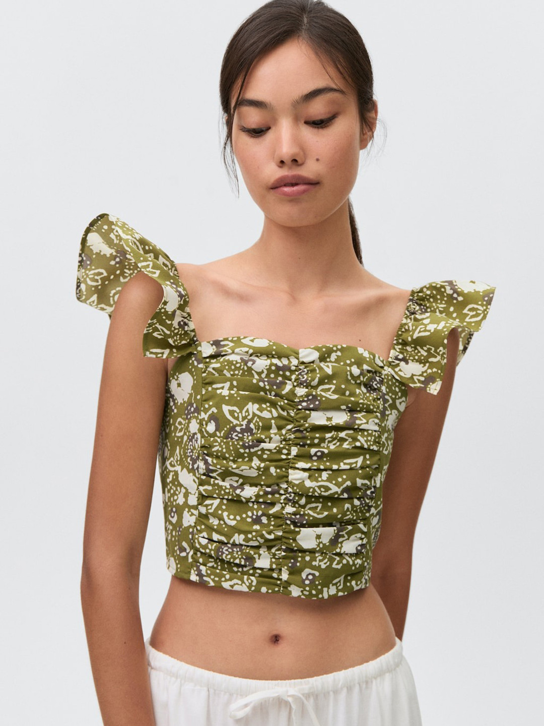 MANGO Abstract Print Ruffles Cotton Crop Top