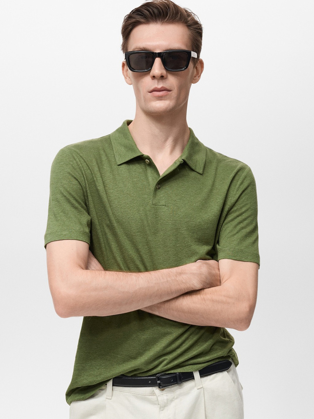 MANGO MAN Polo Collar Linen Blend T-shirt
