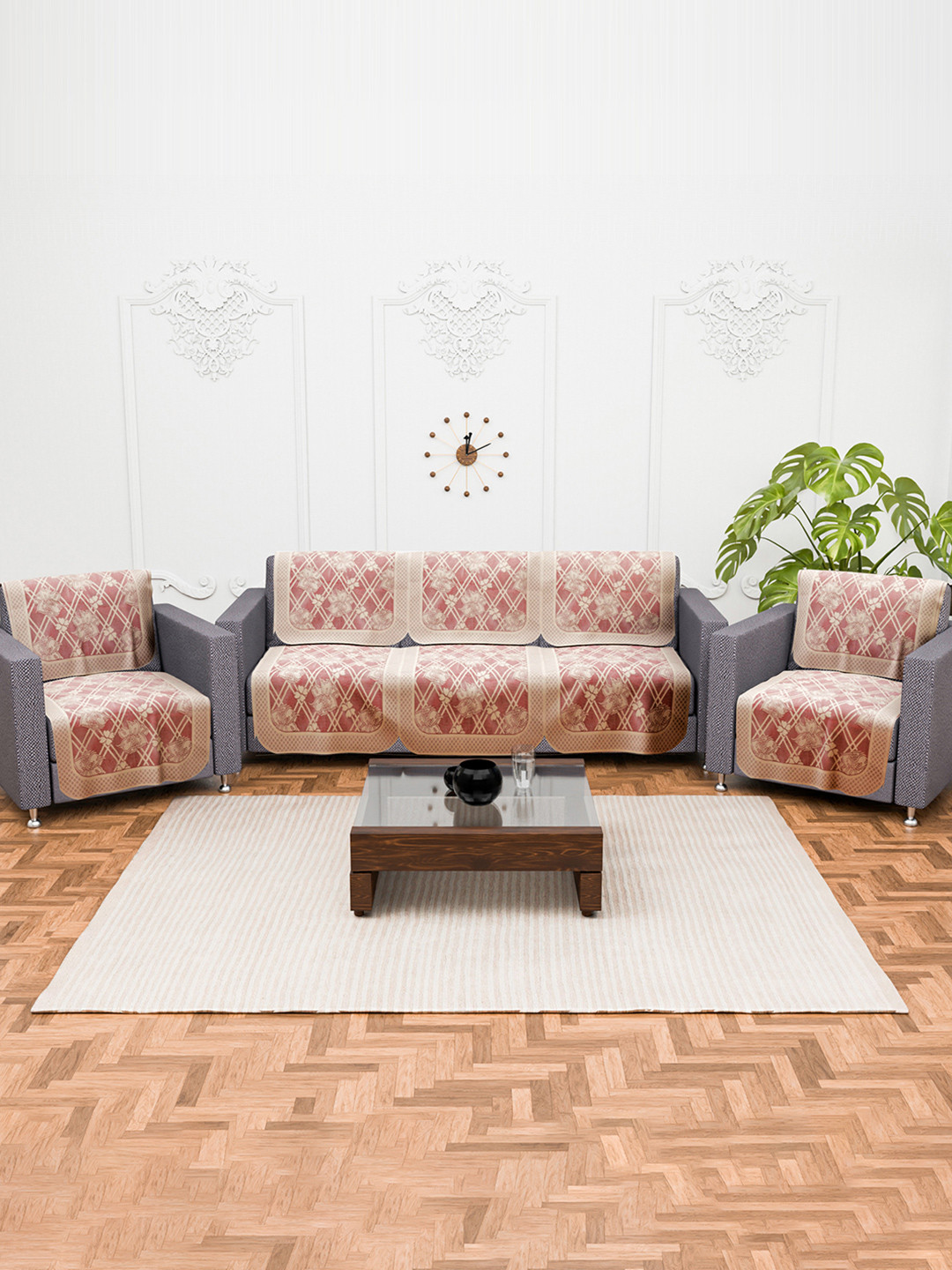 Kuber Industries 10 Pcs Printed Cotton 5 Seater Anti Slip Sofa Covers for Home Flower Net