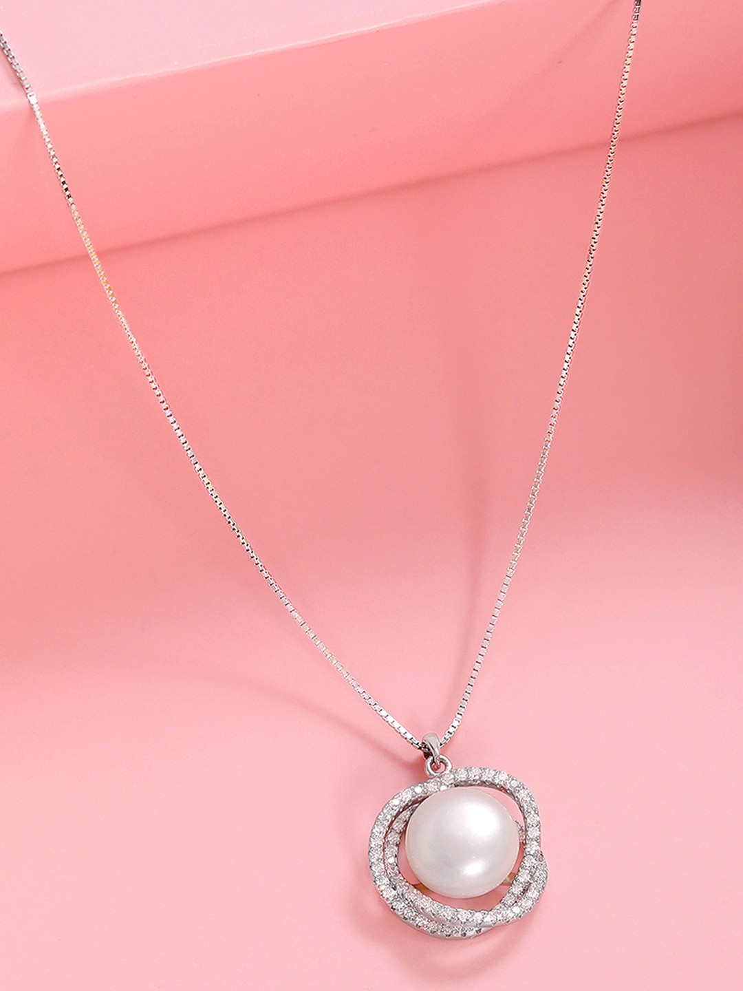 Zavya Abstract Pearl Rhodium Plated 925 Sterling Silver Pendant Necklace