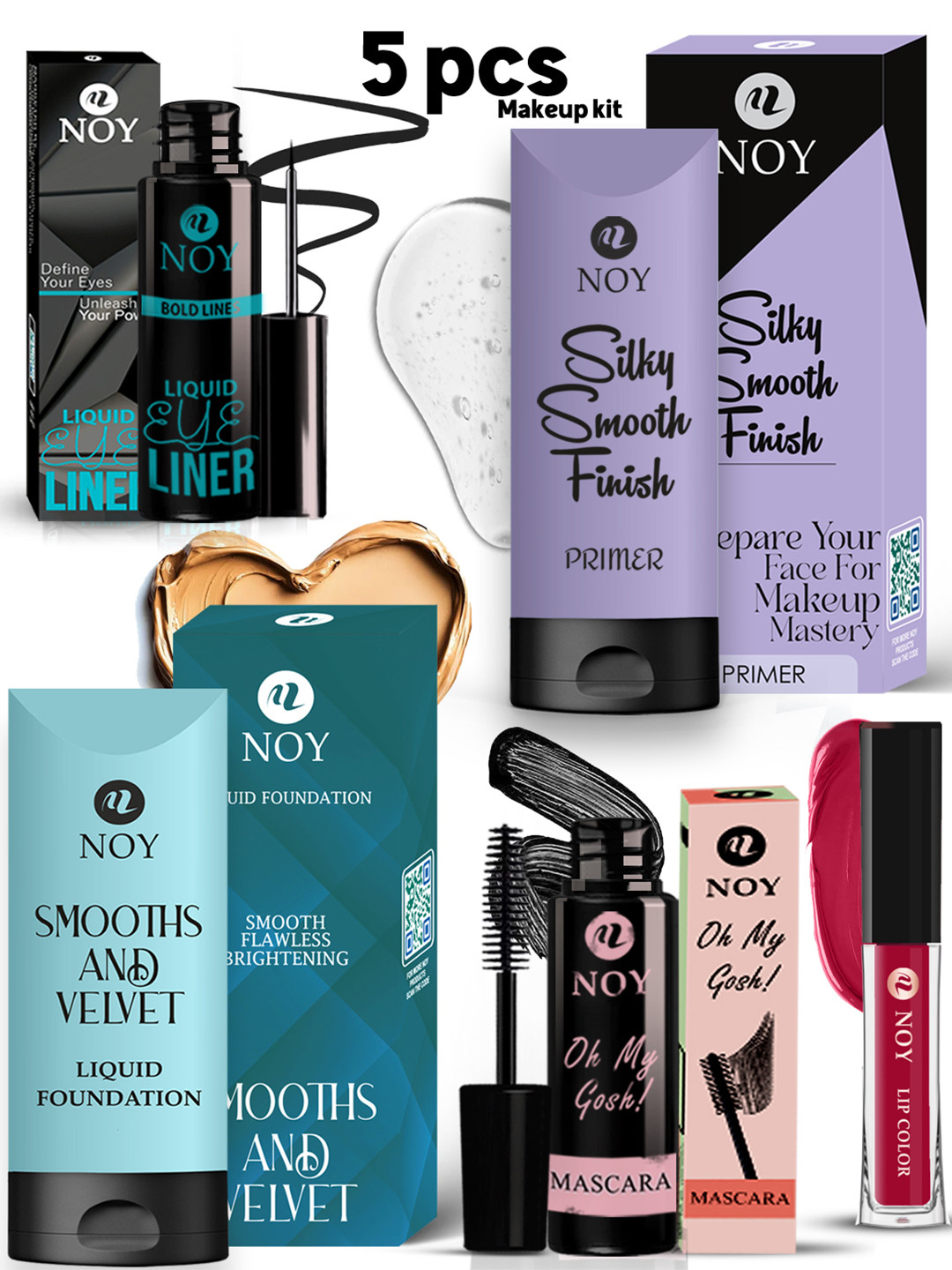 NOY Set Of 5 Makeup Kit- Lipstick- Foundation- Primer- Eyeliner- Mascara