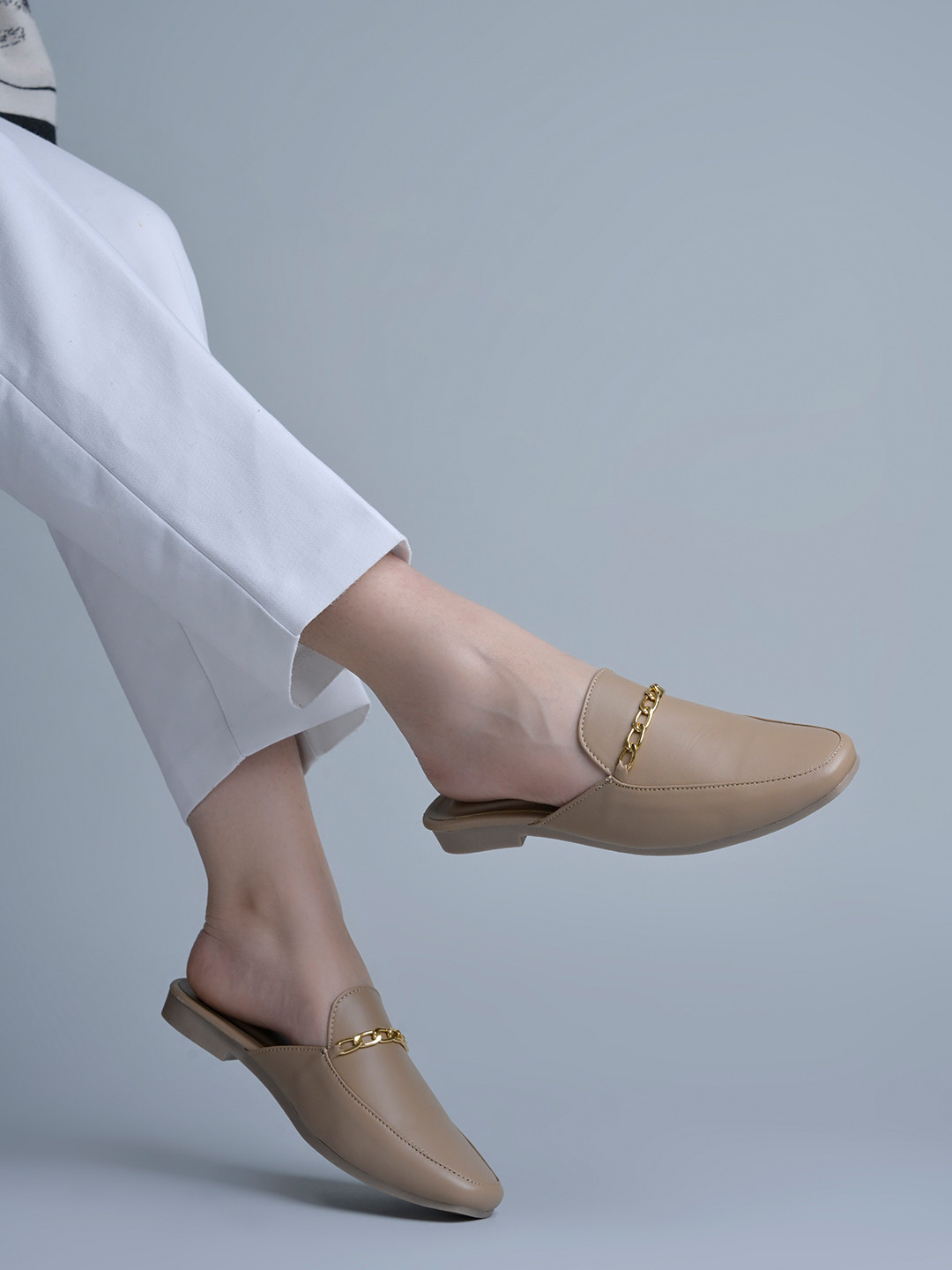 JM Looks Women Stylish Slip-Ons Faux Leather Mules with Gold Chain Detail for Everyday Use