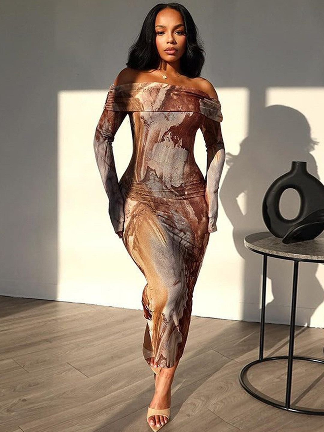 Outzidr Brown Off-Shoulder Bodycon Dress