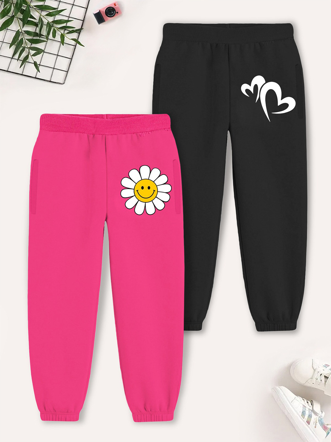 YK X Trampoline Girls Pack Of 2 Printed Cotton Mid-Rise Joggers
