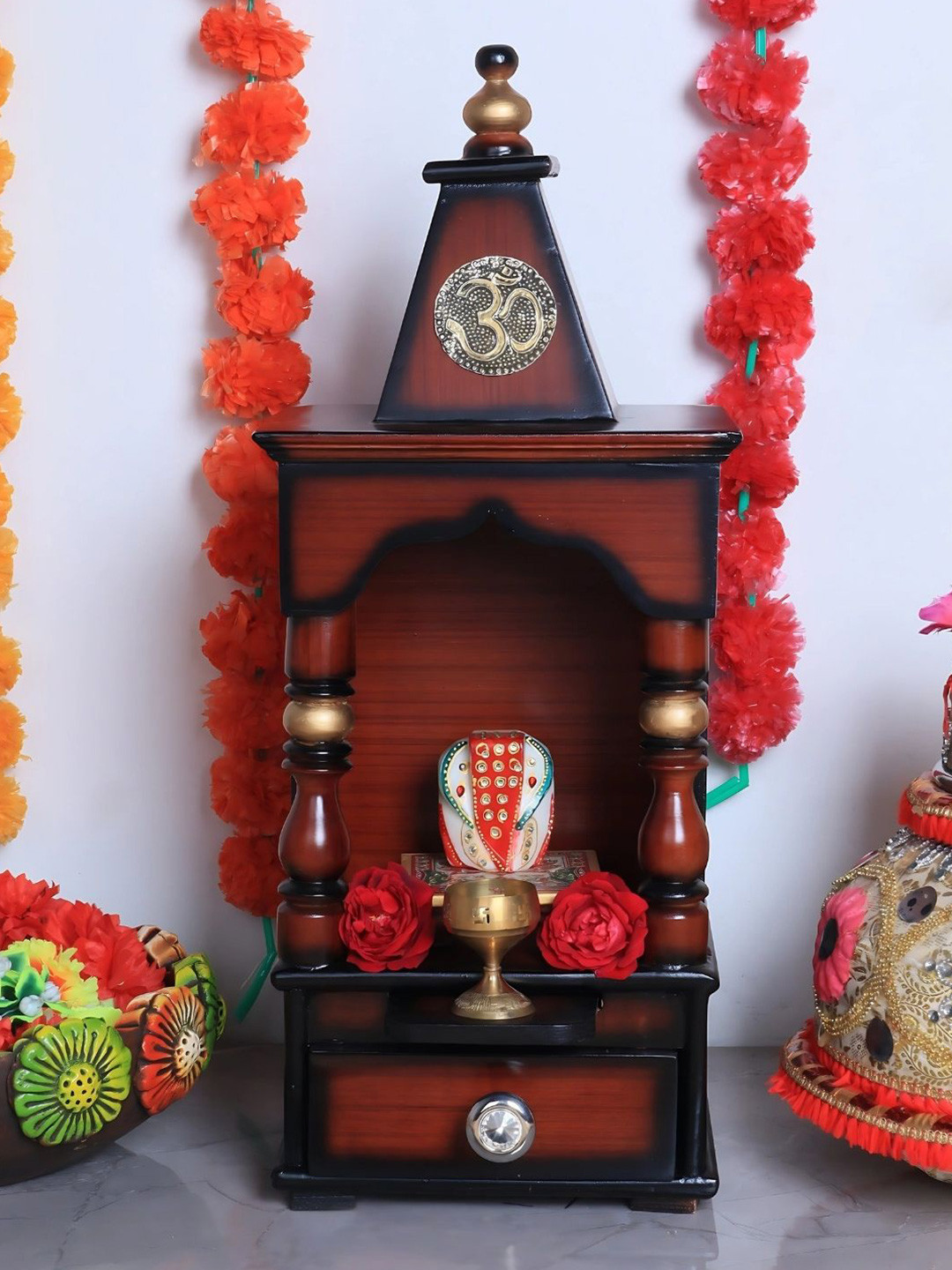DZYN Furnitures Brown & Yellow Wooden Aradhya Wall Mount Pooja Mandir Without Door