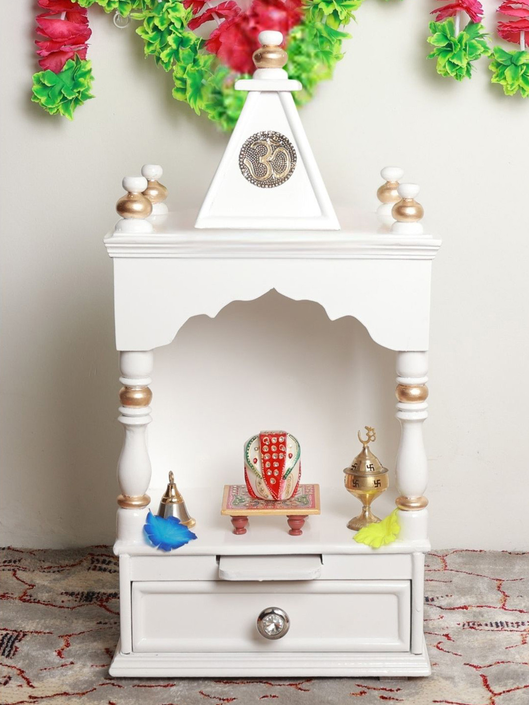 DZYN Furnitures White & Yellow Wooden Sphatika Wall Mount Pooja Mandir Without Door