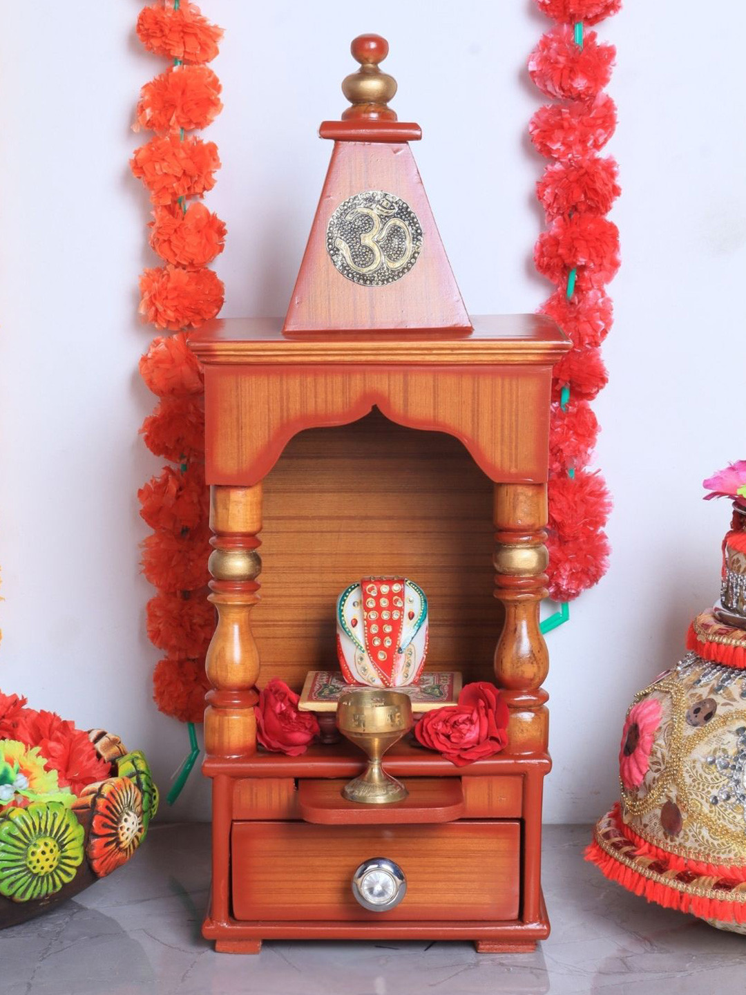 DZYN Furnitures Brown & Yellow Wooden Aradhya Wall Mount Pooja Mandir