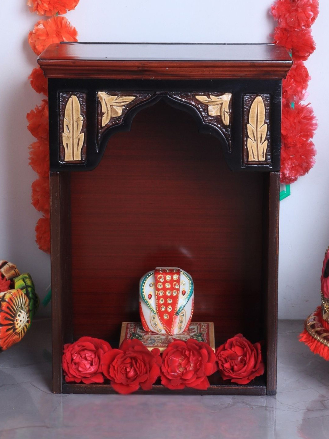 DZYN Furnitures Brown & Yellow Textured Wooden Sattva Pooja Mandir With Door