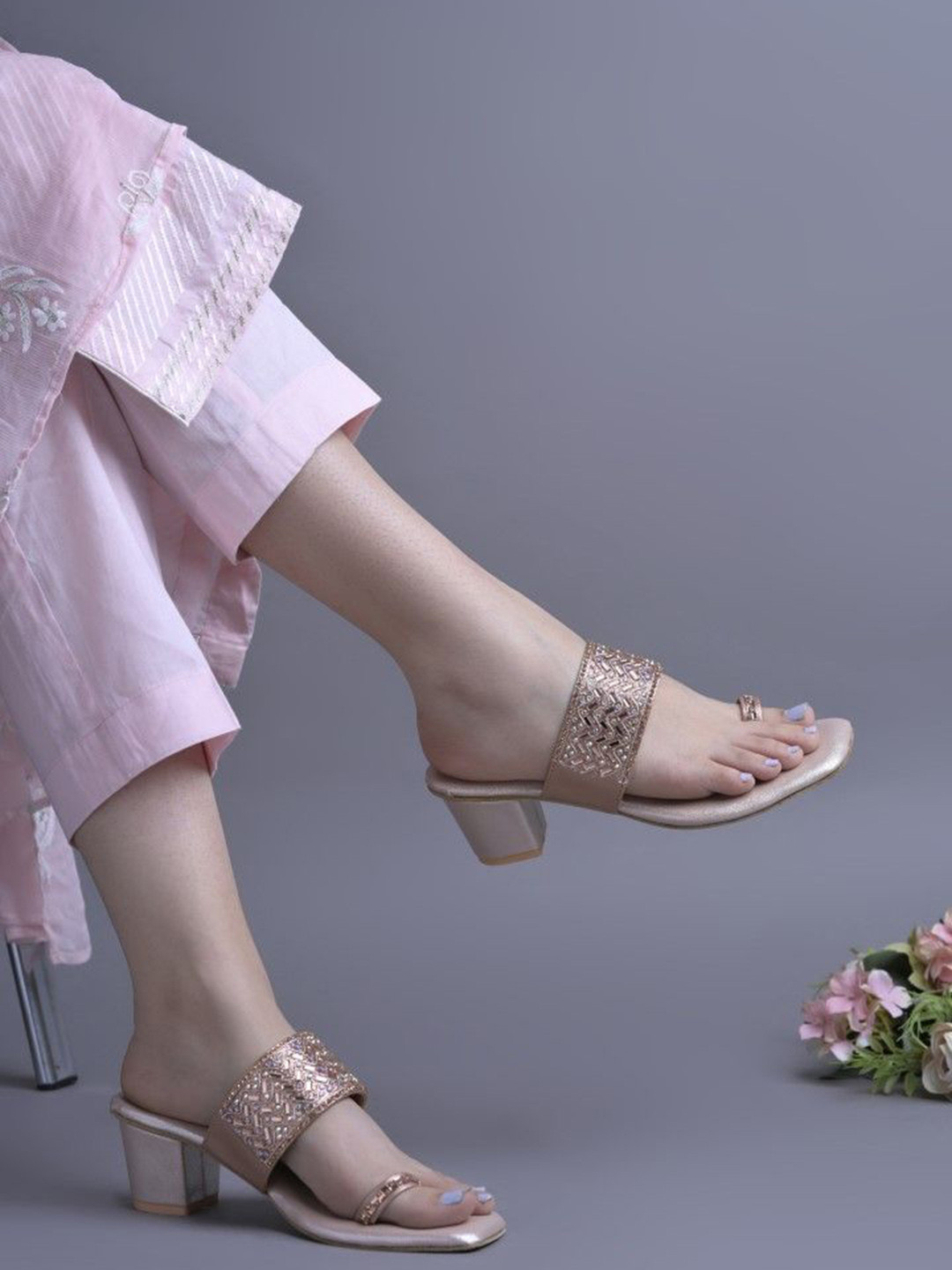 JM Looks Women Block Heel Party & Festive Wear Sandals with Glitter Strap & Toe Ring