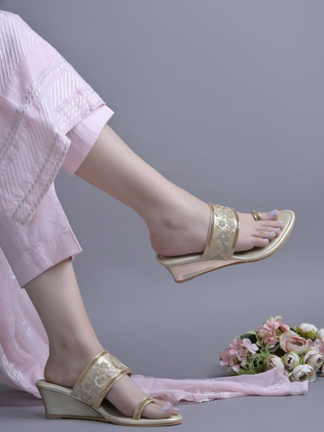JM LOOKS Wedge Heel Sandals with Embellished Strap & Toe Ring for Womens