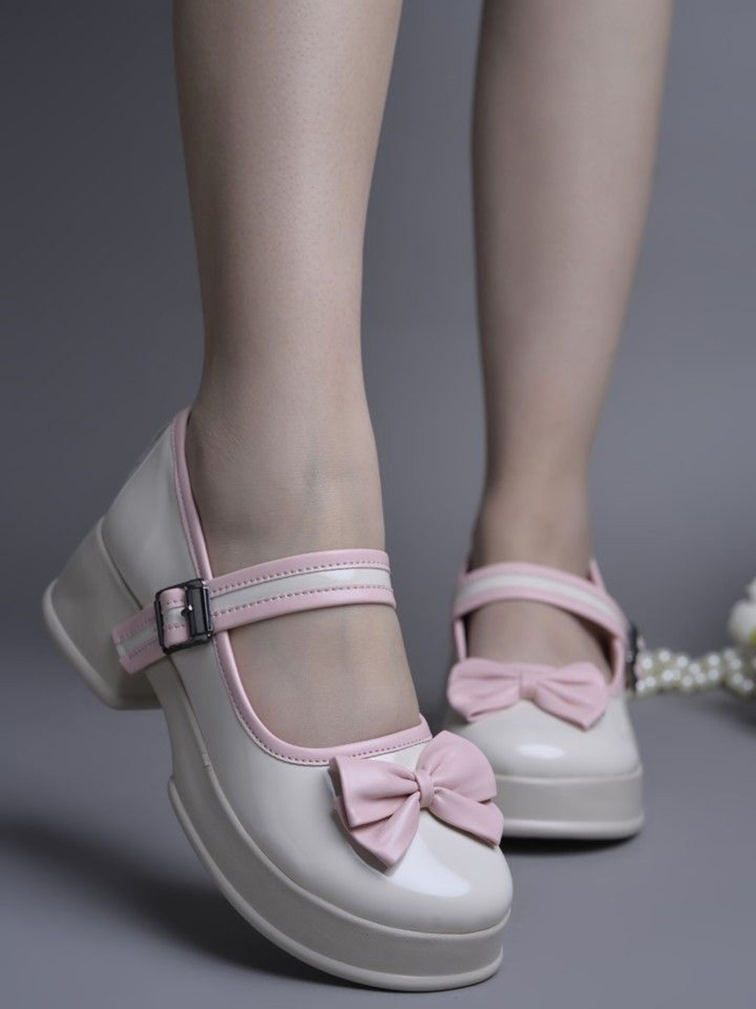 JM Looks Women Stylish Comfortable Block Heel Bow Mary Jane with Adjustable Straps Heel