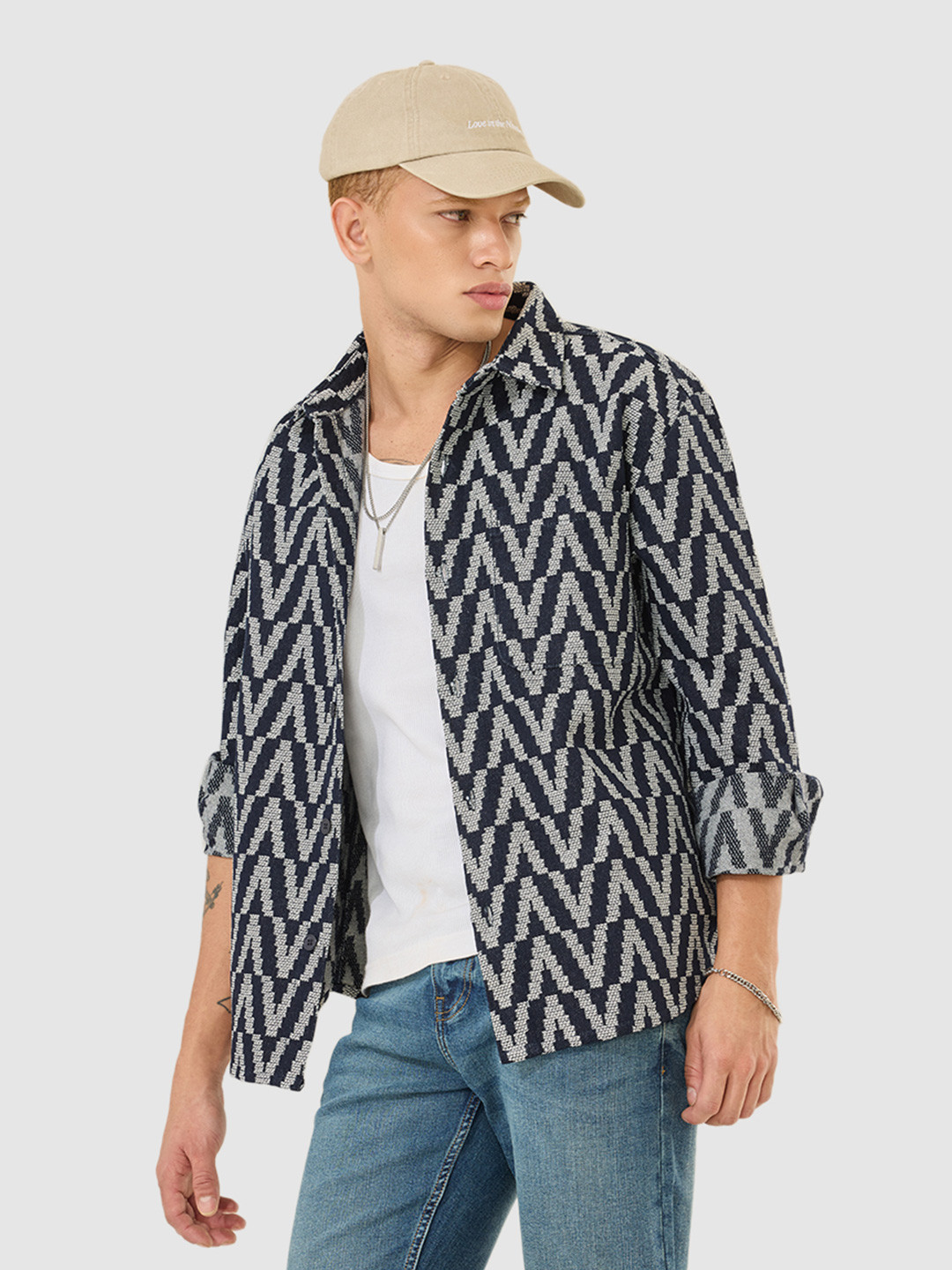 Snitch Men Navy Geometric Overshirt