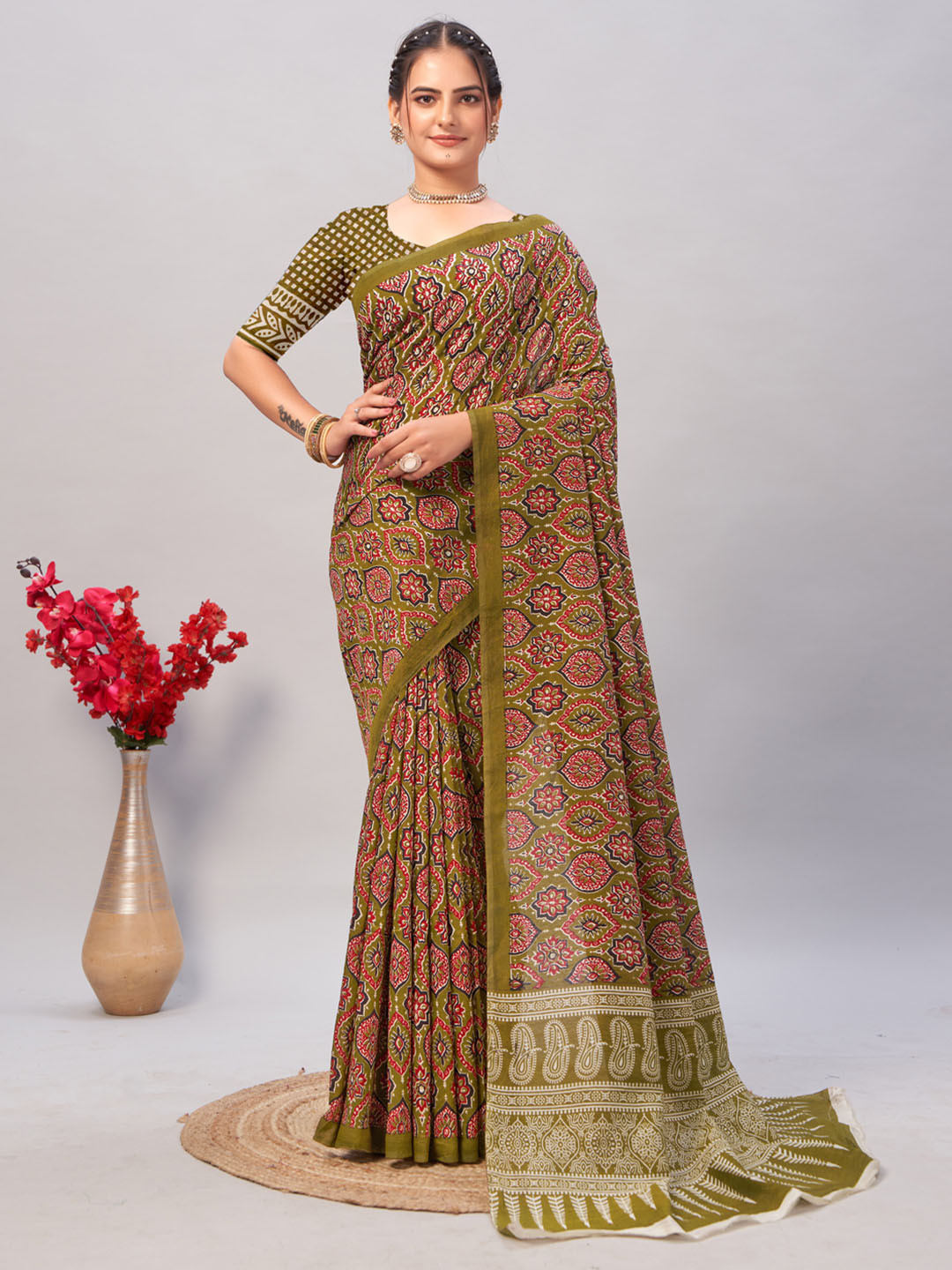 BAPS Ajrak Print Block Pure Cotton Saree