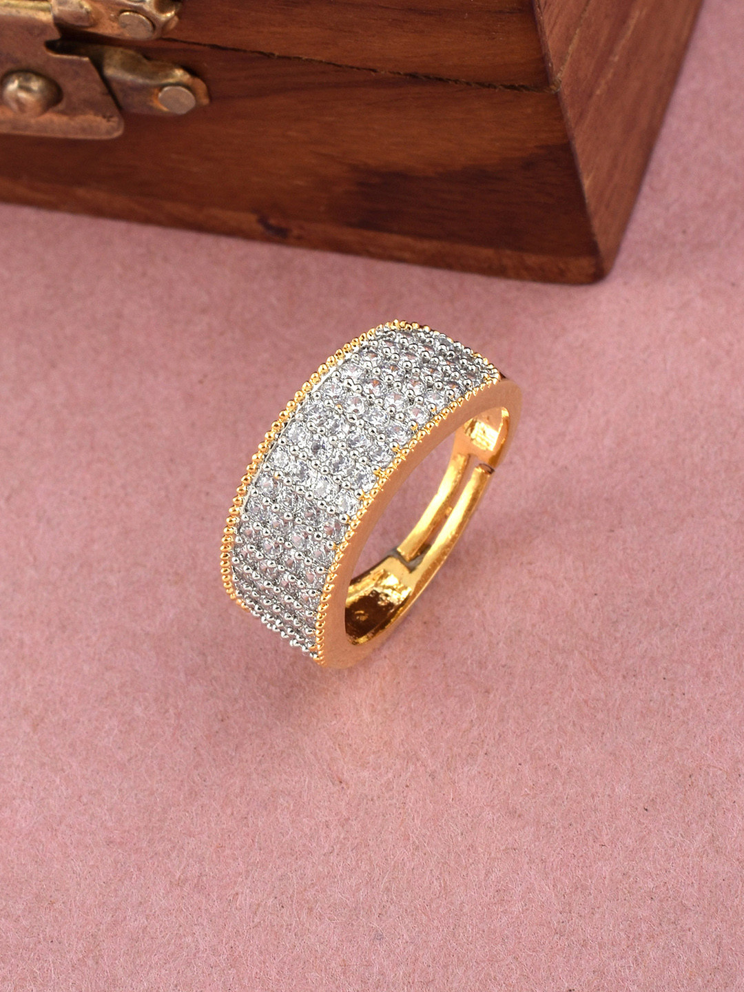 SHILLYN Gold-Plated American Diamond Studded Adjustable Finger Ring