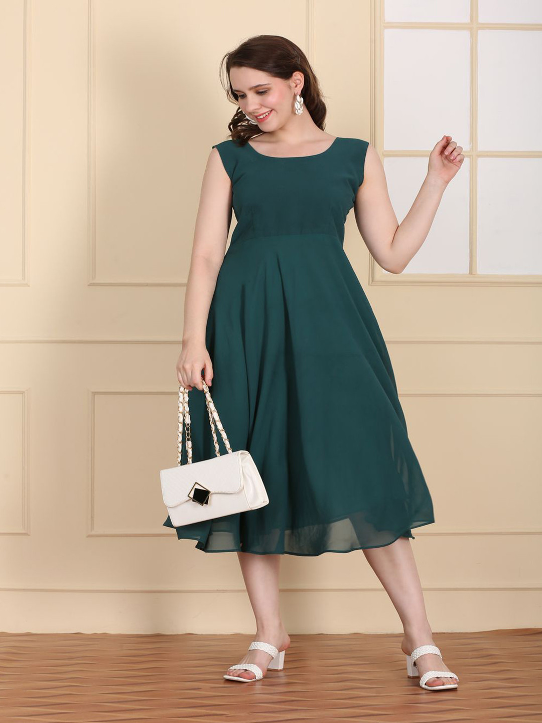 GEETUES Women Round Neck A-Line Dress