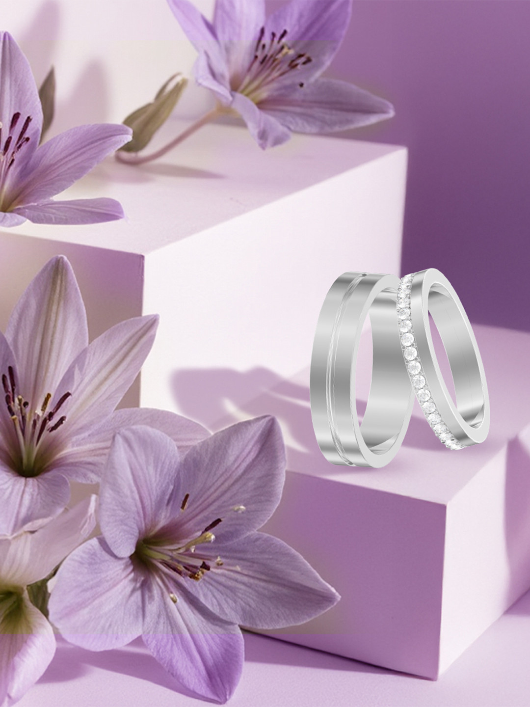 ANAYRA Set Of 2 925 Sterling Silver Stone Studded Adjustable Couple Band Finger Ring