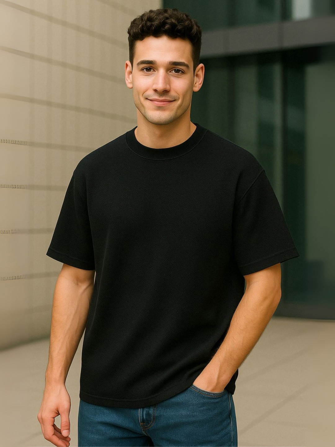 NOBERO Popcorn Textured Self Design Oversized Cotton T-shirt