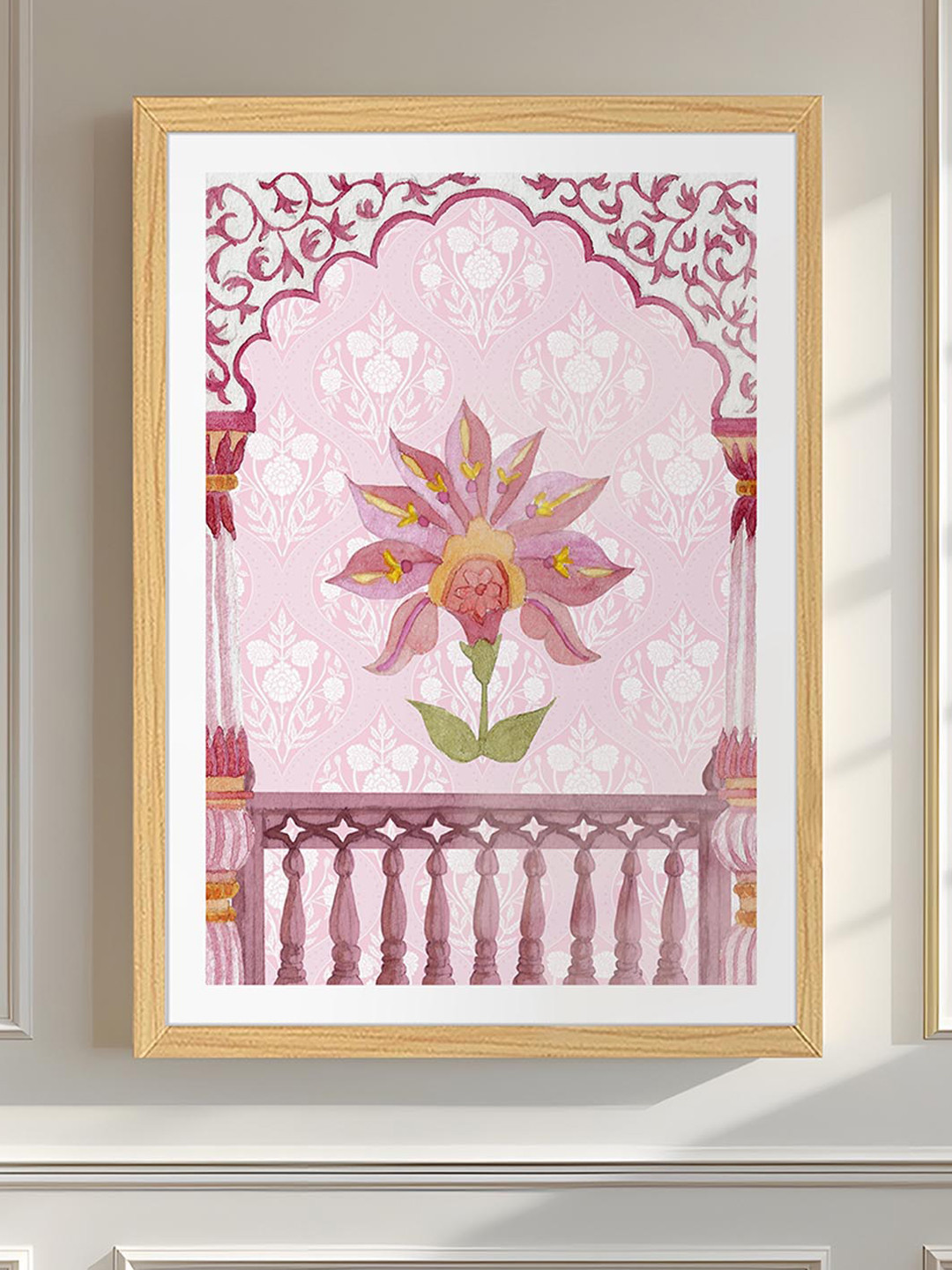 Art Street Pink & Off White Elegant Mughal Floral Wooden Wall Art