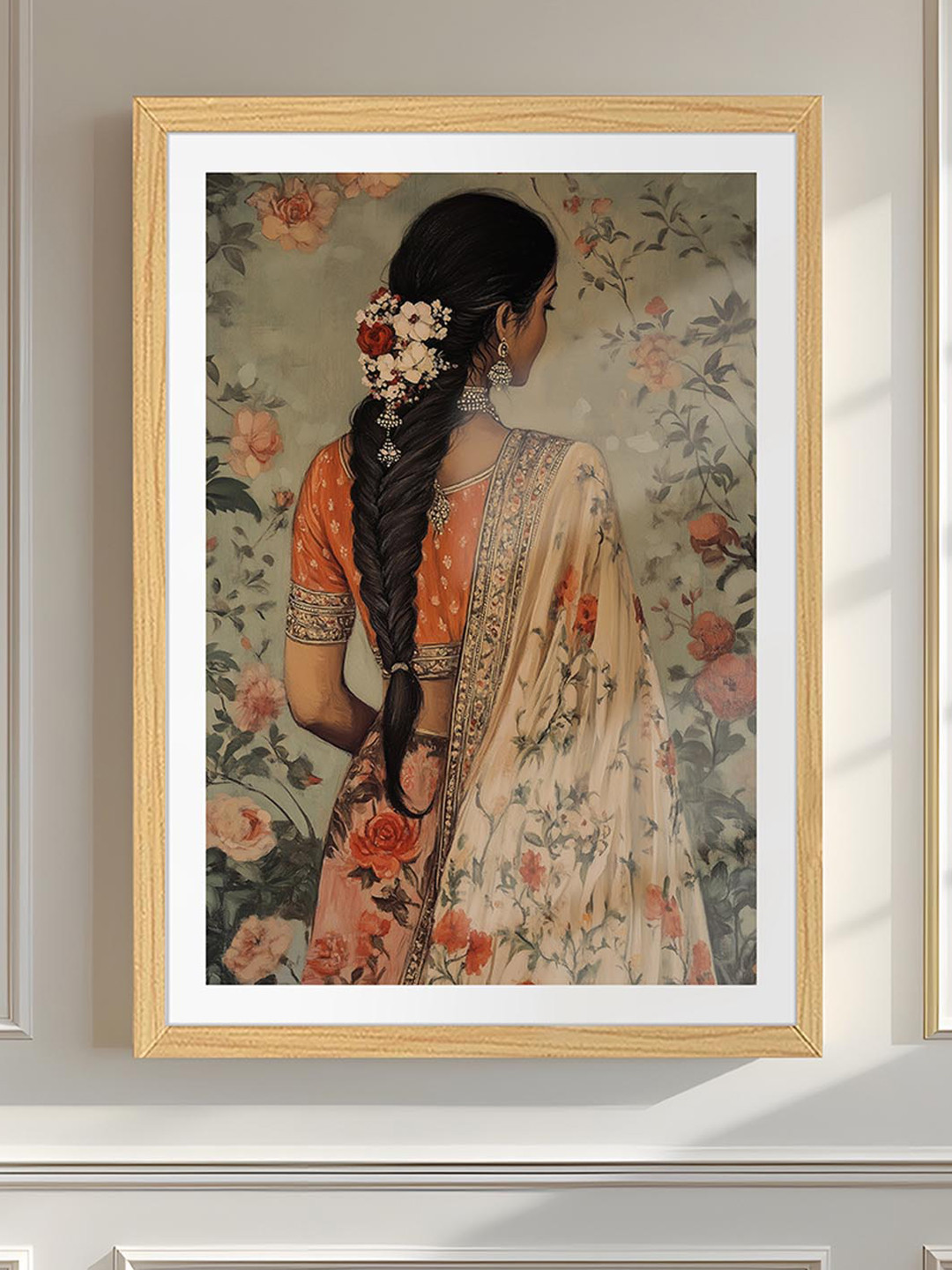 Art Street Orange & Black Madhubani Pattern Floral Wooden Wall Art