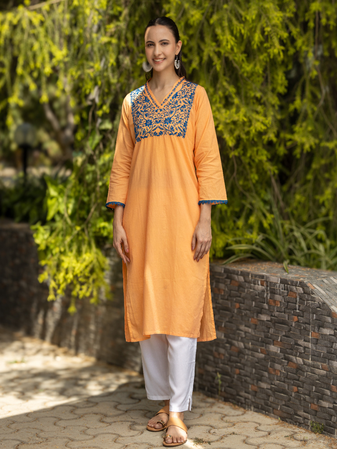 GHARANA INDIA Mul Cotton Blush Orange Yoke Design Embroidery Chikankari Kurta