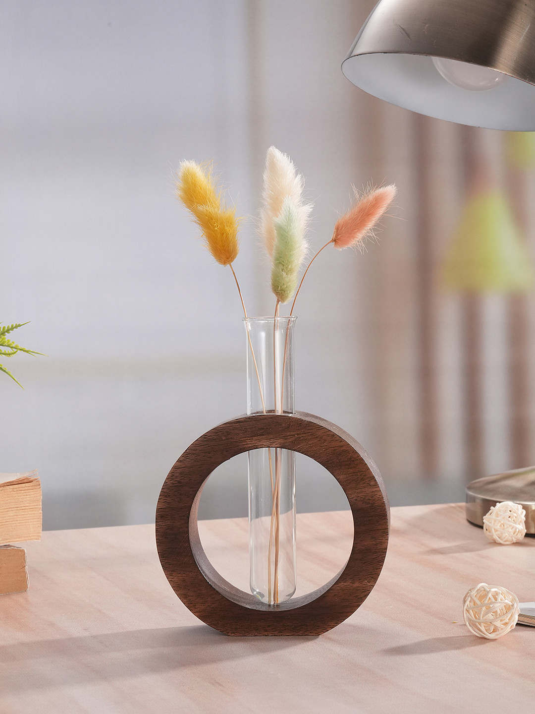 TIED RIBBONS Brown Glass Test Tube With Wooden Donut Holder Vase