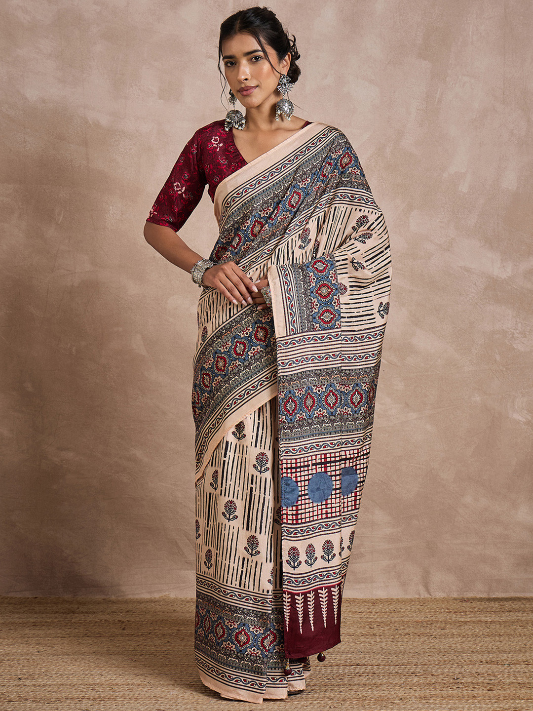 Anouk Women modal Ajrak Block Print Saree with Blouse Piece