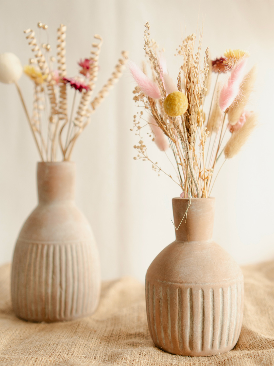 ArteCasa Old World Bloom Beige & Orange Coloured 2 Pieces  Striped Vases With Dry Bunch