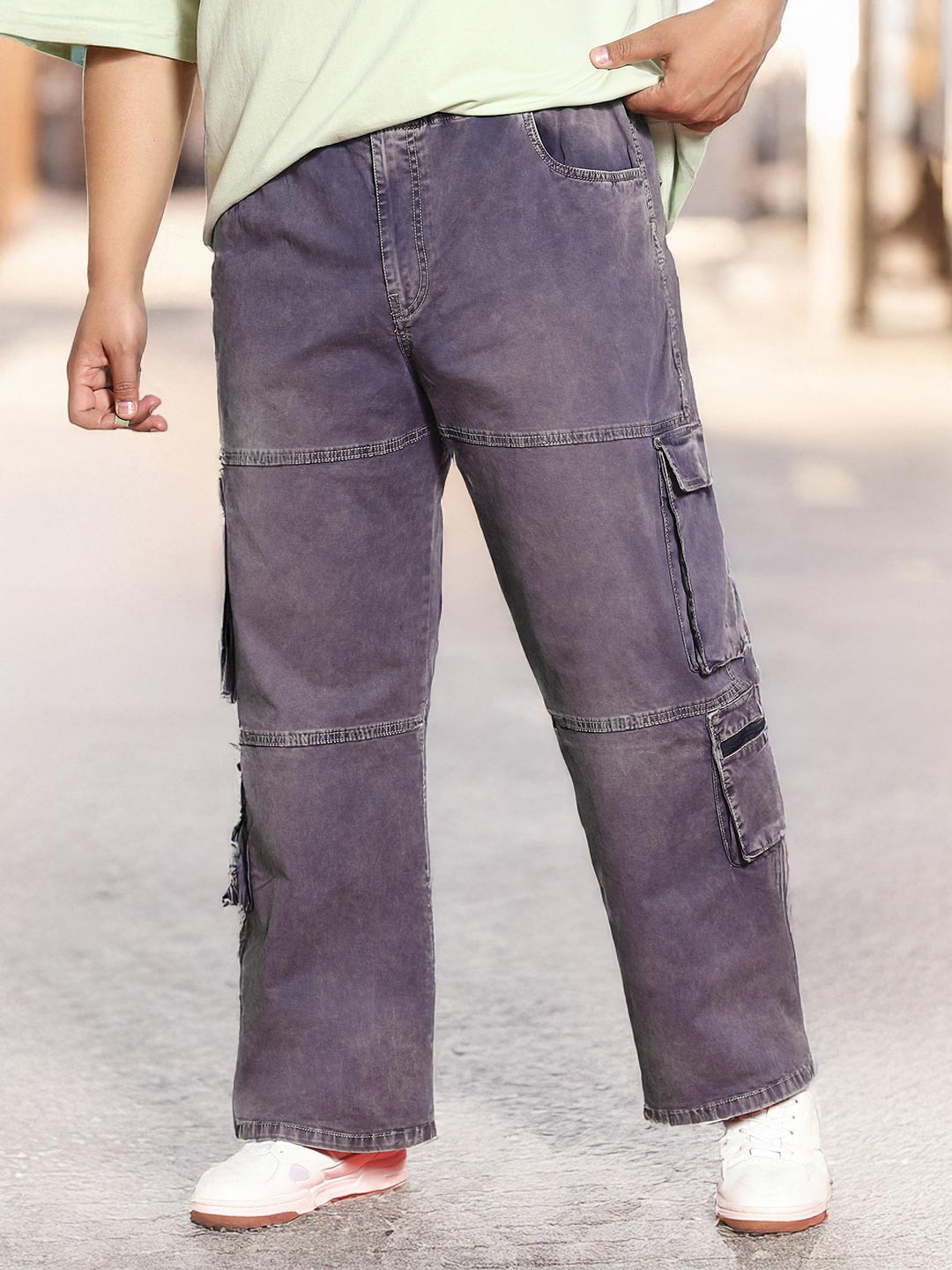 Urbano Plus Men Dark Blue Loose Baggy Fit Travel Cargo Jeans With 8 Pockets Stretchable