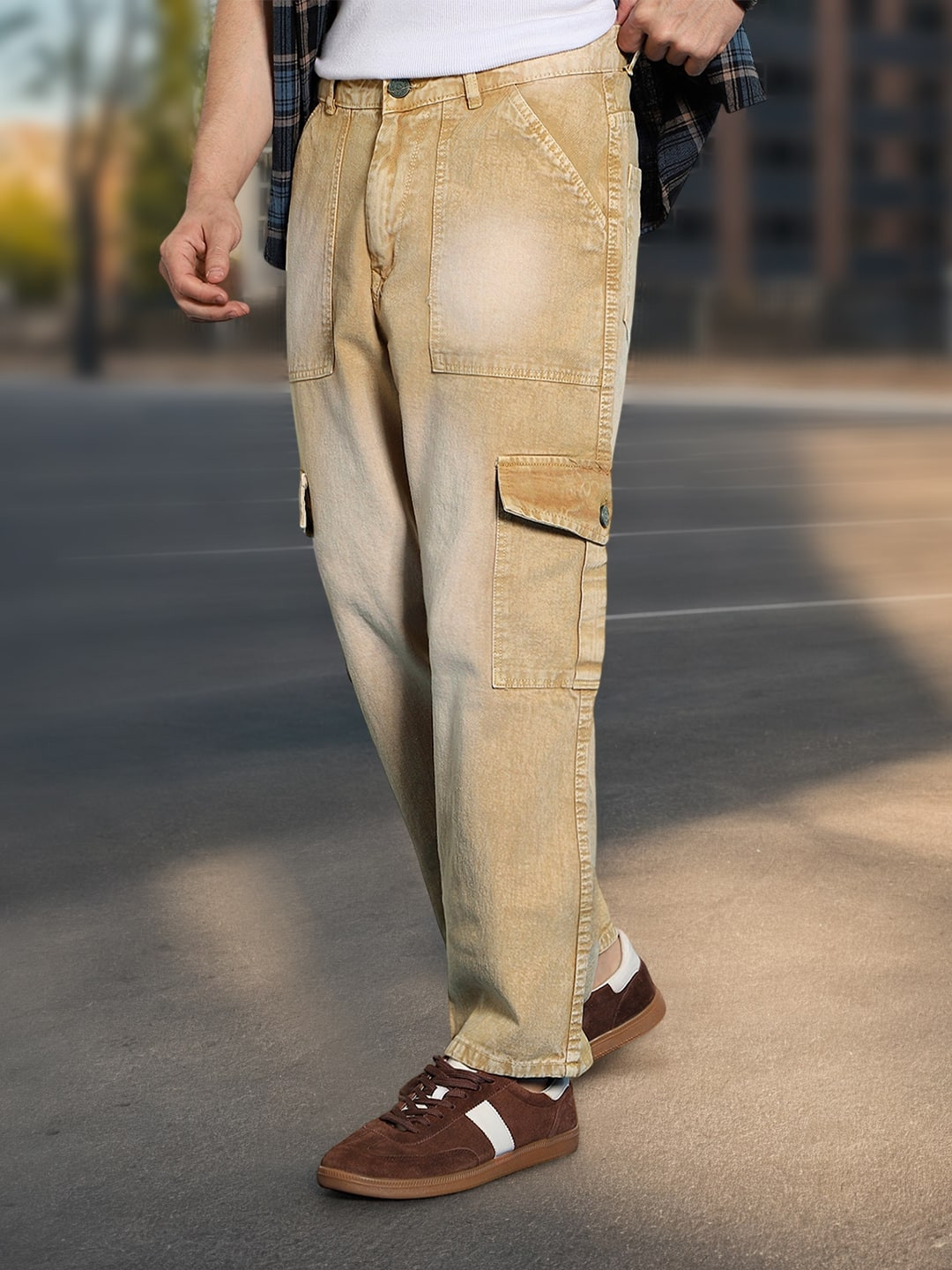 Urbano Fashion Men's Beige Loose Fit Cargo Jeans With 6 Pockets Non-Stretchable