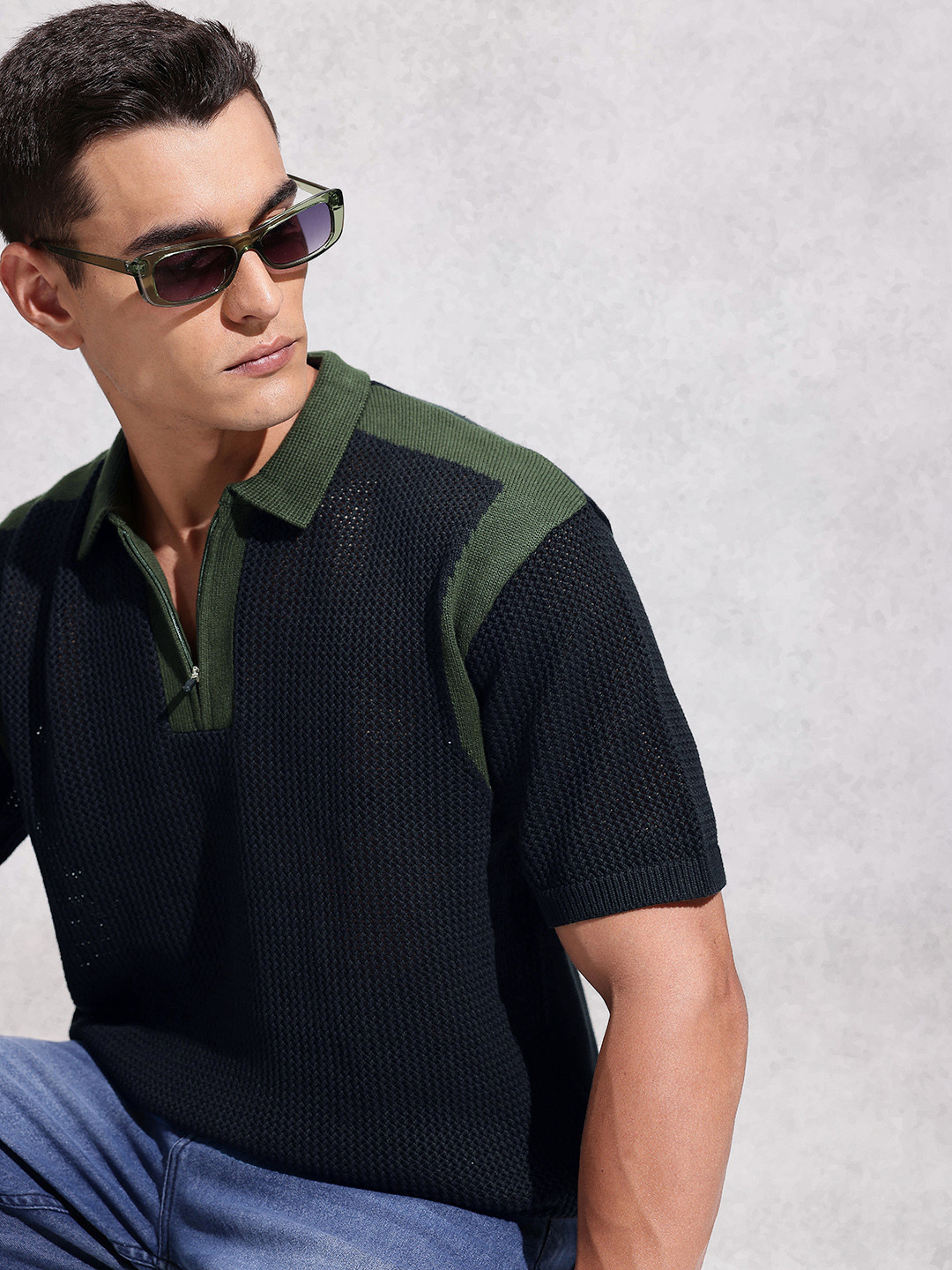 WROGN Pure Cotton Polo Collar Oversized Crochet T-shirt